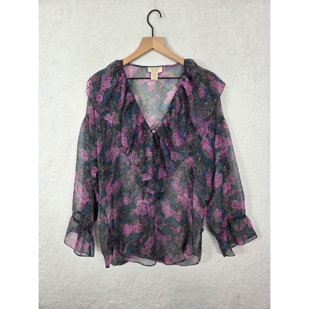 Vtg 80s Victorias Secret Sheer RUffle Floral Peignoir Top Overlay Cottagecore